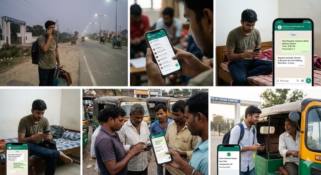Chalo WhatsApp-based ride system in action — students and drivers using the platform at IIT Patna